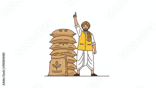 Punjabi Farmer with Grain Sacks Pointing Upward Illustration
