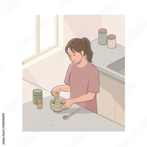 A woman prepares food in a kitchen with jars and utensils nearby.