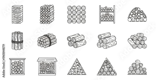Assorted timber stacks and piles on black background