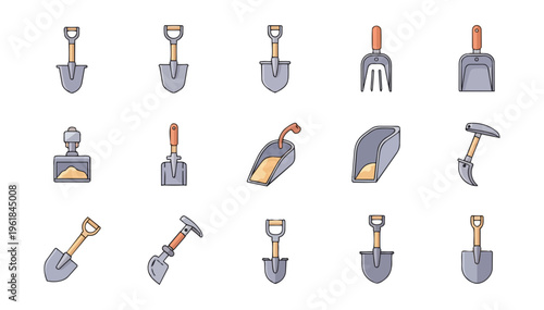 Collection of gardening tools and equipment icons on black background