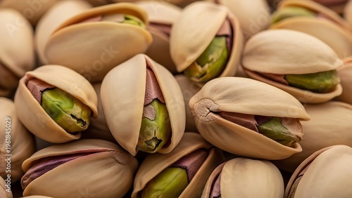 Close-up shot of delicious pistachios in their shells.