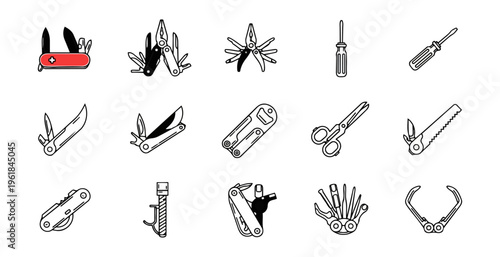 Collection of multi tools illustrated on black background