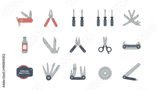 Collection of multitools and various tools on black background