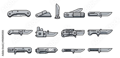 Collection of pocket knives illustrations on black background