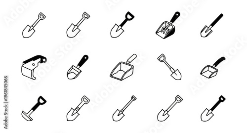 Collection of shovel icons in white against black background