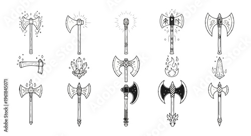 Collection of stylized axes and hatchets on black background
