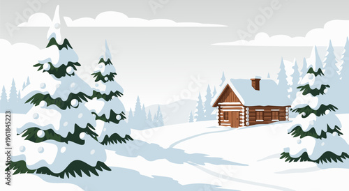 Winter cabin in snowy forest landscape, vector illustration of a cozy log house surrounded by snow-covered pine trees on a serene winter day