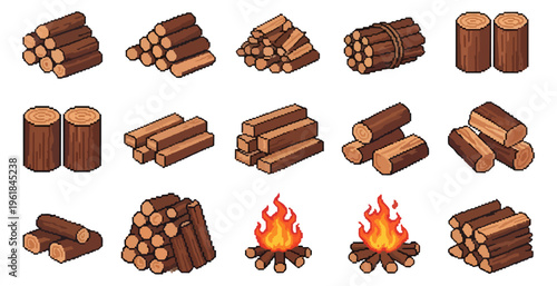 Various arrangements of cut firewood logs and burning flames on dark background
