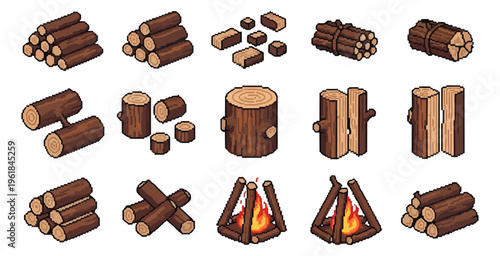 Various arrangements of wood logs and campfires on black background