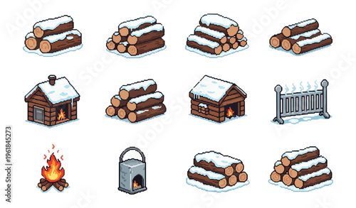 Winter scene icons log piles cabins bonfire and furnace on black