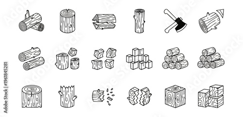 Wood logs and cut timber illustration set