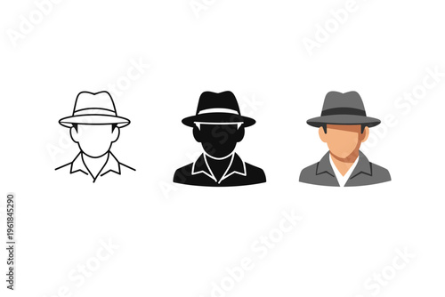 Icons representing a person wearing a hat and a collared shirt, showcasing various artistic styles from outline to solid silhouette to detailed illustration