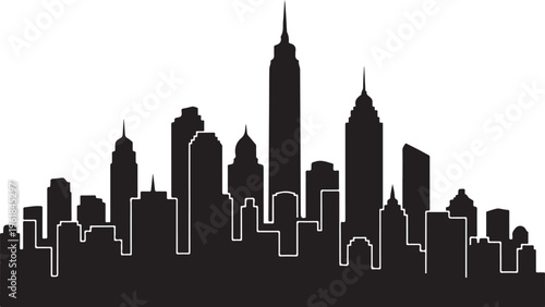 Black silhouette of a city skyline with tall buildings