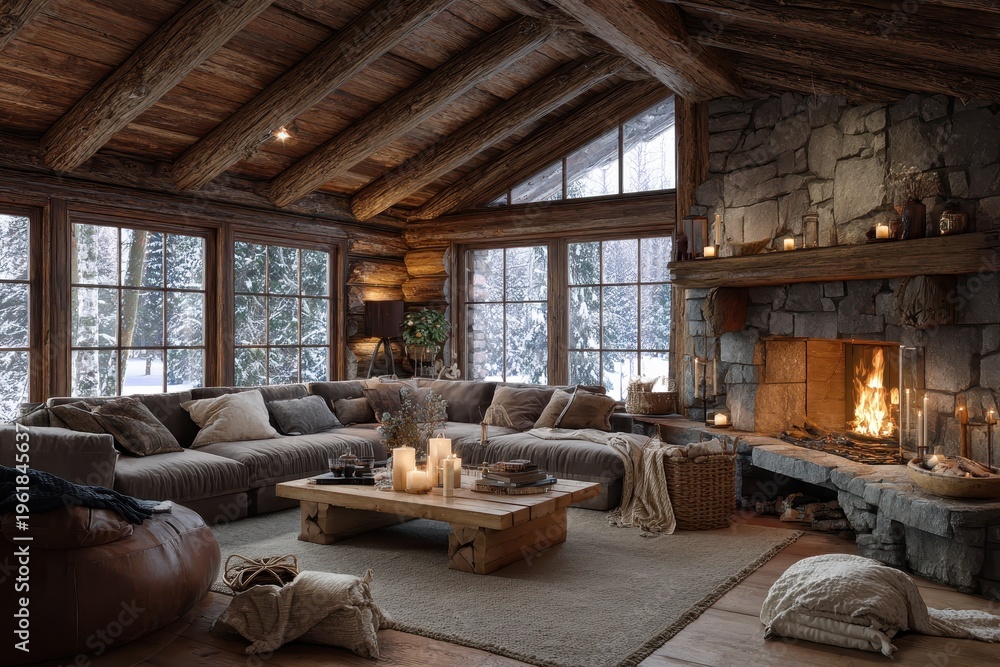 Fototapeta premium Cozy modern rustic interior with large windows, plush seating, and a crackling hearth
