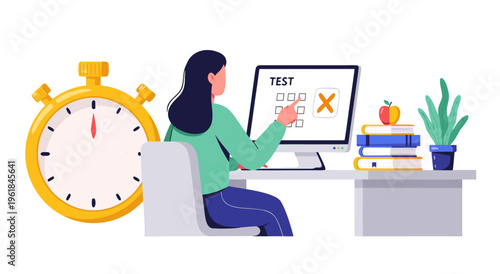 Exam Preparation Vector Illustration A Woman Taking a Test on a Computer with a Stopwatch Symbolizing Time Management
