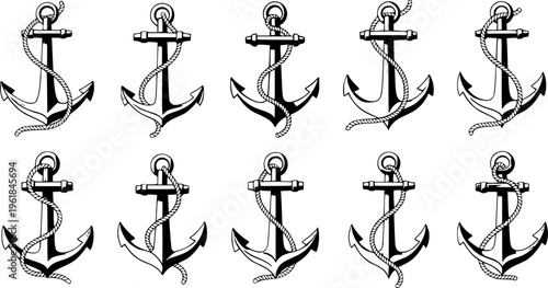 Collection of solid black nautical ship anchor silhouettes, minimalist maritime sea and sailing vector illustrations isolated on white.