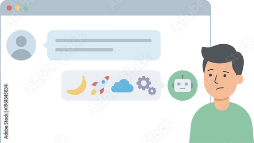 A man looks concerned while chatting on a computer with weather icons nearby.