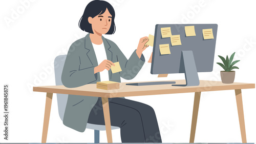 A woman sits at a desk organizing sticky notes on her computer