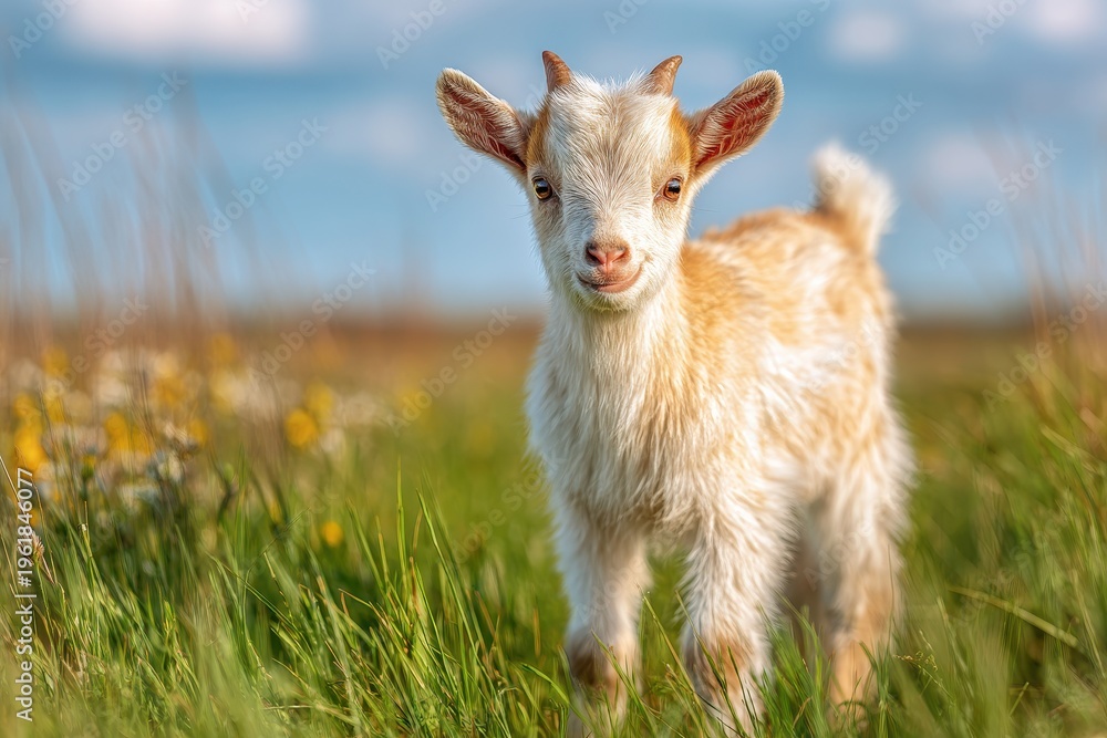 Fototapeta premium Curious baby goat on lush spring grass with gentle, wholesome rural charm