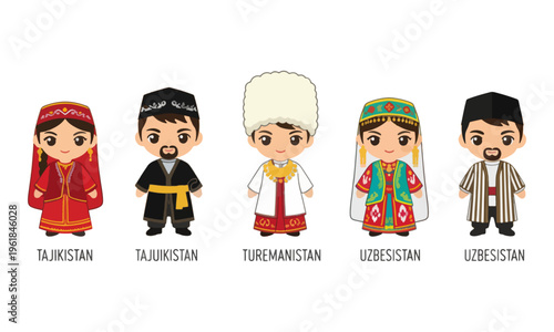 Central Asian characters in traditional folk costumes vector set