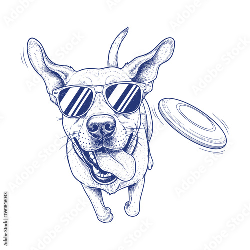 Dog  Labrador Retrieverwith sunglasses happily playing with frisbee in a cartoon style with a playful background