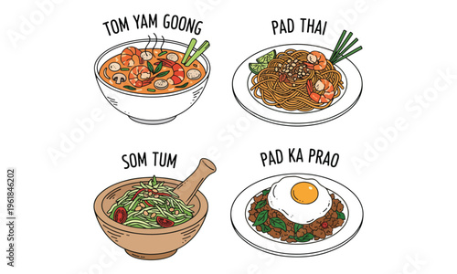 Thai Food Illustration Set with Tom Yam Goong and Pad Thai