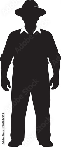 Silhouette of a man wearing a hat and overalls