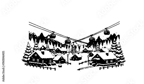Pixel Art Ski Resort Village Snow Mountains Cable Car Winter Scene