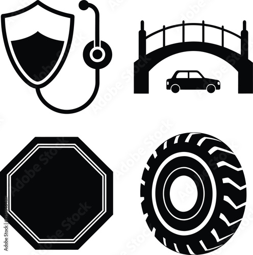 Insurance, Transport, Road Signage, Tire Icons Set