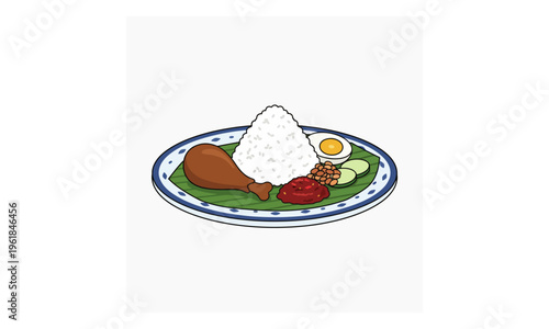 Malaysian Nasi Lemak Illustration with Fried Chicken and Sambal