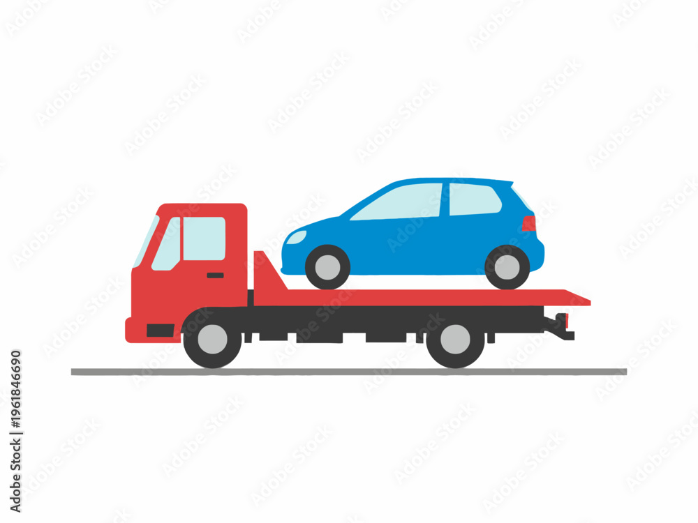 Fototapeta premium Tow truck carrying blue car on flatbed illustration