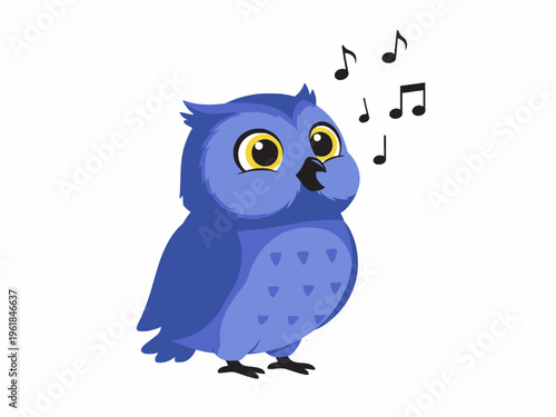 Blue Cartoon Owl Singing with Music Notes Isolated on White