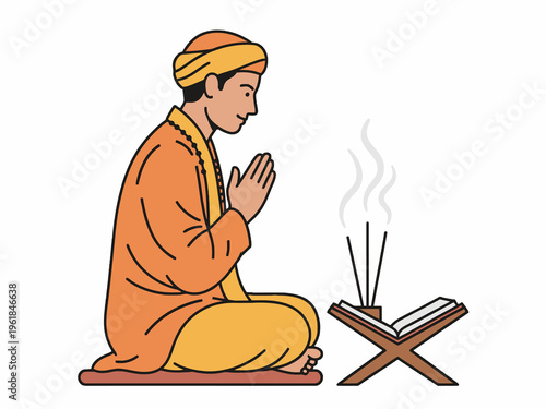 Hindu Monk Praying with Holy Book and Incense Sticks Illustration