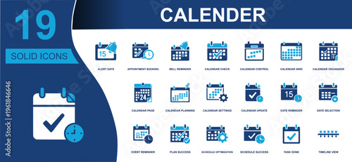 Calendar icon set. Containing alert date, booking, reminder, check, organizer, planning, settings, update, event, timeline and more. Solid vector icons collection for scheduling design.