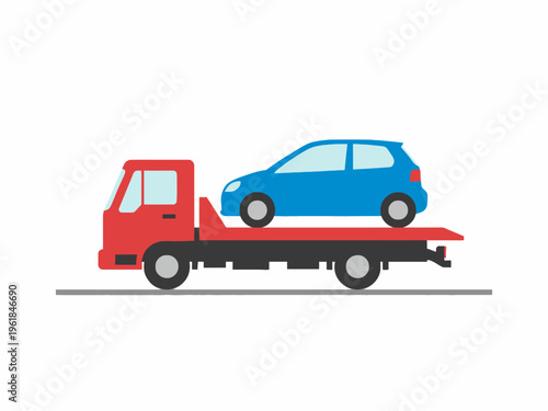 Tow truck carrying blue car on flatbed illustration