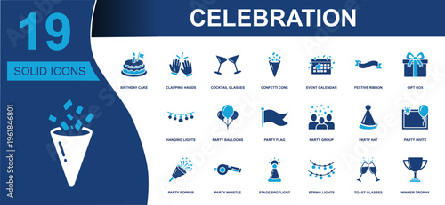 Celebration icon set. Containing birthday cake, clapping hands, balloons, confetti, gift box, party hat, whistle, toast glasses, trophy and more. Solid fill vector icons collection.