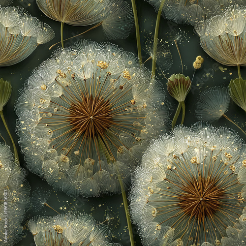 Dandelion seed head pattern with detailed fine lines and golden accents on dark background, creating elegant and delicate botanical design for seamless print or wallpaper