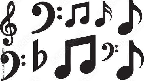 Musical notes and symbols in black on white background