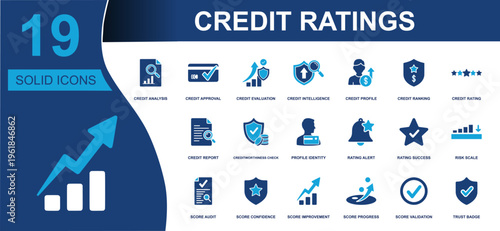 Credit ratings icon set. Containing credit analysis, approval, evaluation, ranking, report, trust badge, score improvement, risk scale and more. Solid fill vector icons collection.