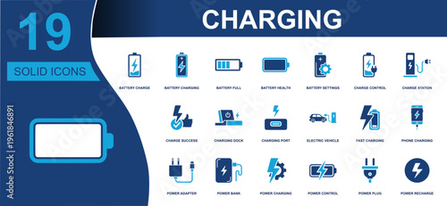Charging icon set. Containing battery, charger, power bank, fast charging, electric vehicle, charging dock, plug, adapter, recharge, control and more. Solid vector icons collection.