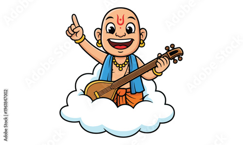 Narada Muni Hindu Sage Character Playing Veena on a Cloud