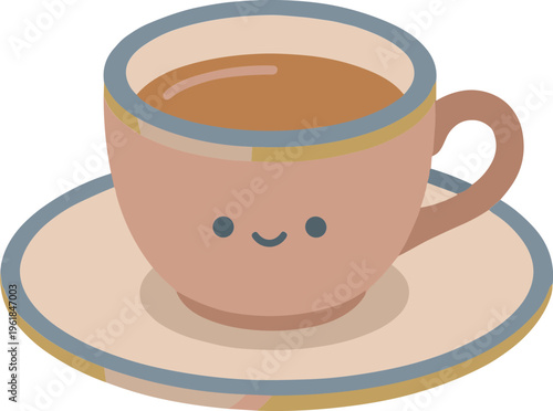 A smiling cup of coffee on a saucer with a happy face