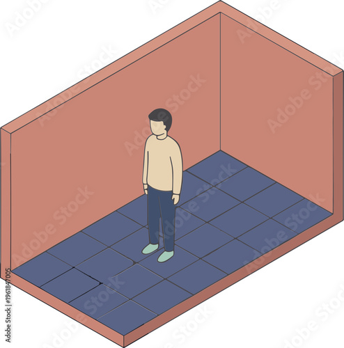 A person stands alone in a simple room with blue tiles and pink walls.