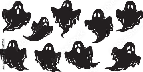 Black ghost silhouettes on white background for Halloween designs