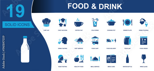 Food and drink icon set. Containing chef hat, coffee cup, cold drink, cooking pot, dinner plate, food delivery, menu card, wine glass and more. Solid fill vector icons collection for cafes.