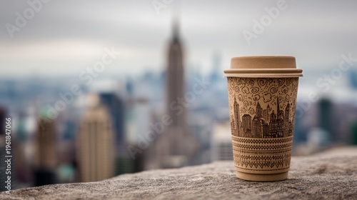 Coffee cup against a blurred city skyline featuring iconic buildings in a serene urban landscape, perfect for lifestyle and travel themes
