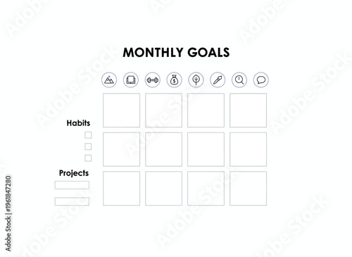 Structured Monthly Goal Setting Template with Icons and Grid