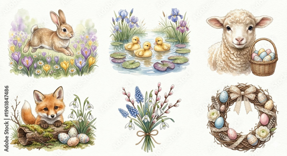 Obraz premium Illustration of spring-themed elements including a rabbit, ducklings, lamb, fox, flowers, and Easter eggs arranged in a decorative layout for seasonal celebration