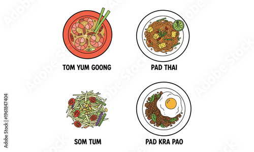 Thai Food Illustration Set: Tom Yum, Pad Thai, and Som Tum