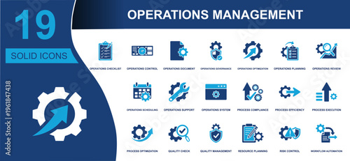 Operations management icon set. Containing operations analysis, checklist, compliance, dashboard, monitoring, planning, reporting, workflow, supply, resource and more. Solid vector icons